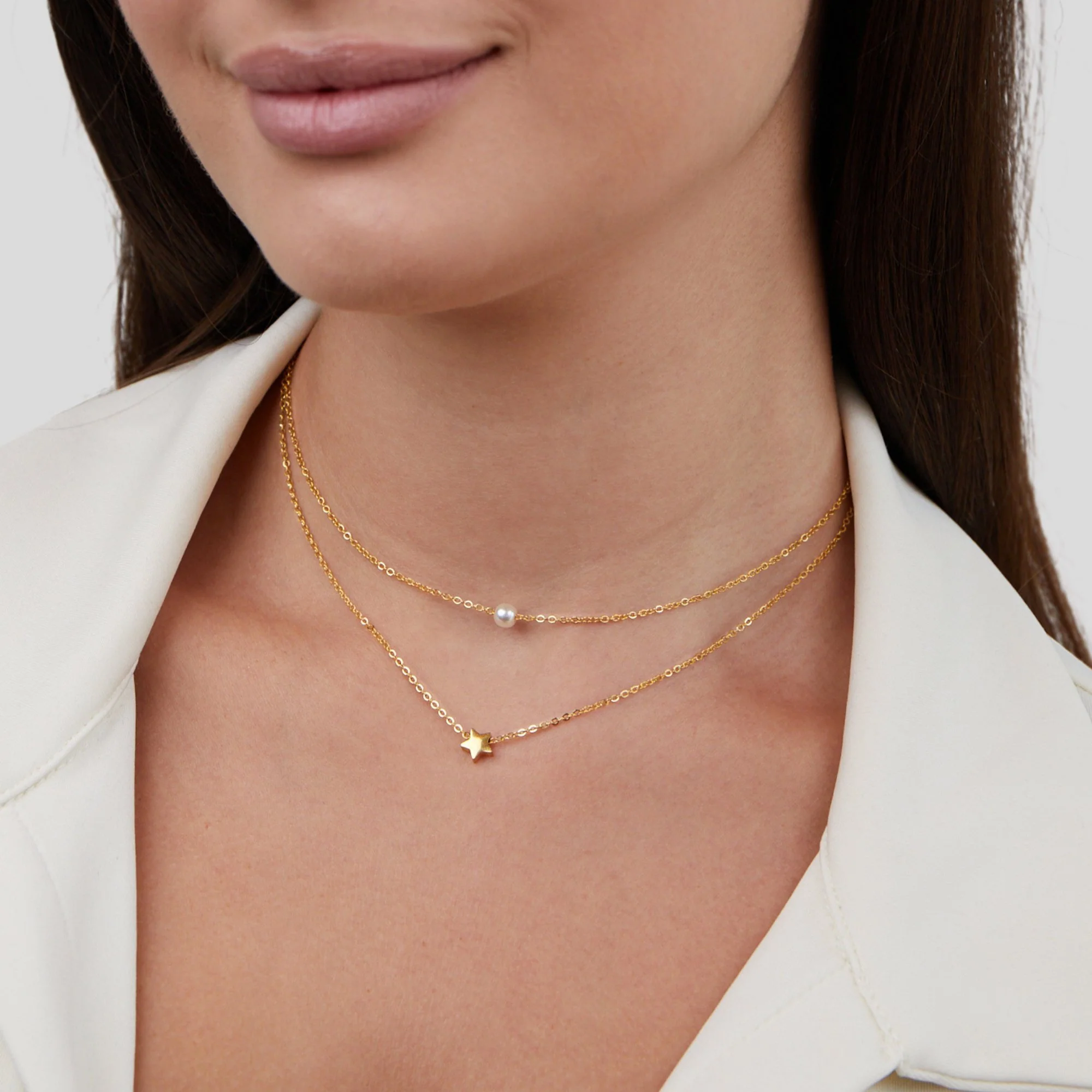 Mehrreihige Halskette mit Goldstern & Perlen - Image 6