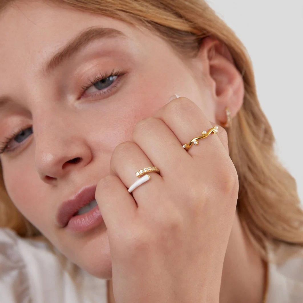 18K Goldring mit Wellen & Perle - Image 4